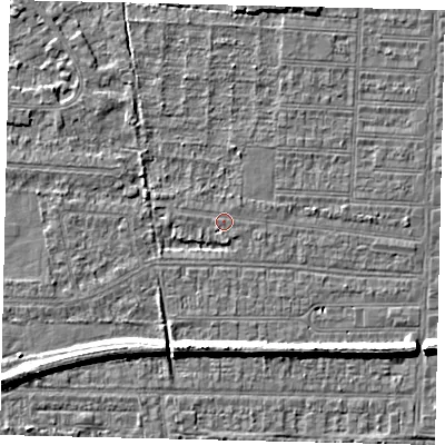 Shaded relief map of the ground around HU52AE, computed from Environment Agency LiDAR. The ground here sits at about 2 m above sea level and falls 6 m across the surrounding 800 m. The ground contributing surface water to this point lies to the east-north-east.