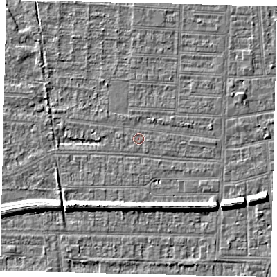 Shaded relief map of the ground around HU52AH, computed from Environment Agency LiDAR. The ground here sits at about 2 m above sea level and falls 7 m across the surrounding 800 m. Surface water reaching this point runs off ground lying to the north-north-west, 0.5 m higher.