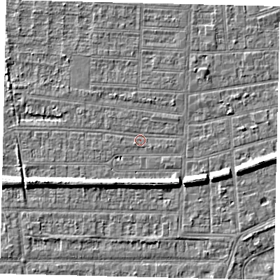Shaded relief map of the ground around HU52AN, computed from Environment Agency LiDAR. The ground here sits at about 2 m above sea level and falls 7 m across the surrounding 800 m. Surface water reaching this point runs off ground lying to the east, 6.4 m higher.