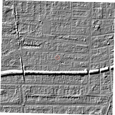 Shaded relief map of the ground around HU52AS, computed from Environment Agency LiDAR. The ground here sits at about 2 m above sea level and falls 7 m across the surrounding 800 m. The ground contributing surface water to this point lies to the west-south-west.