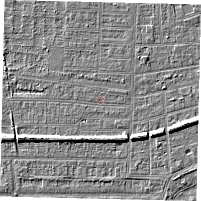 Shaded relief map of the ground around HU52AZ, computed from Environment Agency LiDAR. The ground here sits at about 2 m above sea level and falls 7 m across the surrounding 800 m. Surface water reaching this point runs off ground lying to the east-south-east, 6.4 m higher.