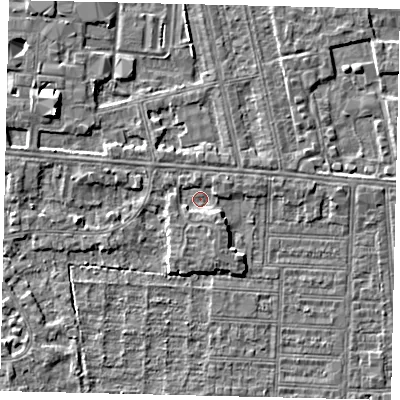 Shaded relief map of the ground around HU52DA, computed from Environment Agency LiDAR. The ground here sits at about 2 m above sea level and falls 5 m across the surrounding 800 m. Surface water reaching this point runs off ground lying to the south-south-east, 1.6 m higher.