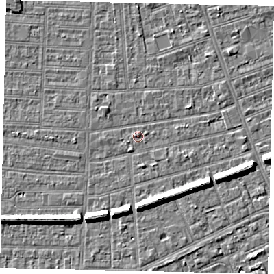 Shaded relief map of the ground around HU52DD, computed from Environment Agency LiDAR. The ground here sits at about 2 m above sea level and falls 7 m across the surrounding 800 m. Surface water reaching this point runs off ground lying to the east-north-east, 1.6 m higher.