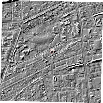 Shaded relief map of the ground around HU52DE, computed from Environment Agency LiDAR. The ground here sits at about 3 m above sea level and falls 7 m across the surrounding 800 m. Surface water reaching this point runs off ground lying to the south-south-west, 1.3 m higher.