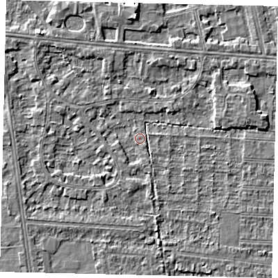 Shaded relief map of the ground around HU52DF, computed from Environment Agency LiDAR. The ground here sits at about 2 m above sea level and falls 5 m across the surrounding 800 m. Surface water reaching this point runs off ground lying to the south-south-east, 1.6 m higher.