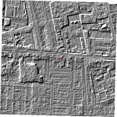 Shaded relief map of the ground around HU52DG, computed from Environment Agency LiDAR. The ground here sits at about 3 m above sea level and falls 4 m across the surrounding 800 m. The ground contributing surface water to this point lies to the west-north-west.