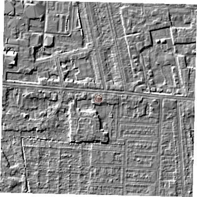 Shaded relief map of the ground around HU52DH, computed from Environment Agency LiDAR. The ground here sits at about 3 m above sea level and falls 5 m across the surrounding 800 m. Surface water reaching this point runs off ground lying to the east-north-east, 0.6 m higher.