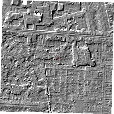 Shaded relief map of the ground around HU52DN, computed from Environment Agency LiDAR. The ground here sits at about 2 m above sea level and falls 5 m across the surrounding 800 m. Surface water reaching this point runs off ground lying to the north-north-west, 2.1 m higher.