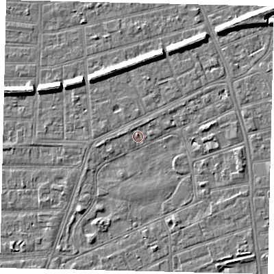 Shaded relief map of the ground around HU52EA, computed from Environment Agency LiDAR. The ground here sits at about 2 m above sea level and falls 7 m across the surrounding 800 m. Surface water reaching this point runs off ground lying to the north, 1.2 m higher.