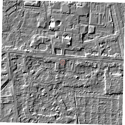 Shaded relief map of the ground around HU52EG, computed from Environment Agency LiDAR. The ground here sits at about 3 m above sea level and falls 6 m across the surrounding 800 m. Surface water reaching this point runs off ground lying to the west, 1.8 m higher.