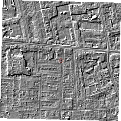 Shaded relief map of the ground around HU52EJ, computed from Environment Agency LiDAR. The ground here sits at about 2 m above sea level and falls 3 m across the surrounding 800 m. Surface water reaching this point runs off ground lying to the east-north-east, 2.4 m higher.