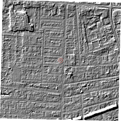 Shaded relief map of the ground around HU52ER, computed from Environment Agency LiDAR. The ground here sits at about 2 m above sea level and falls 7 m across the surrounding 800 m. Surface water reaching this point runs off ground lying to the south-south-west, 0.5 m higher.