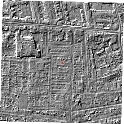Shaded relief map of the ground around HU52EW, computed from Environment Agency LiDAR. The ground here sits at about 2 m above sea level and falls 3 m across the surrounding 800 m. The ground contributing surface water to this point lies to the north-north-west.
