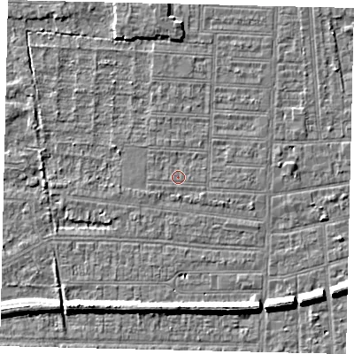 Shaded relief map of the ground around HU52EY, computed from Environment Agency LiDAR. The ground here sits at about 2 m above sea level and falls 7 m across the surrounding 800 m. Surface water reaching this point runs off ground lying to the south-east, 0.8 m higher.