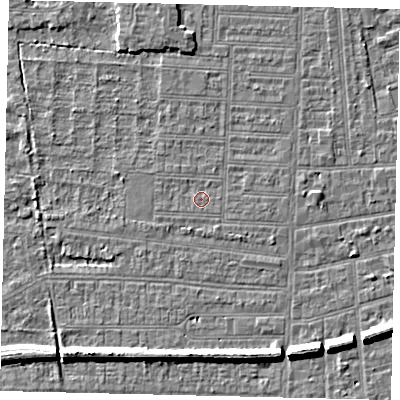 Shaded relief map of the ground around HU52HB, computed from Environment Agency LiDAR. The ground here sits at about 2 m above sea level and falls 7 m across the surrounding 800 m. Surface water reaching this point runs off ground lying to the south-south-east, 0.8 m higher.