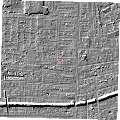 Shaded relief map of the ground around HU52HF, computed from Environment Agency LiDAR. The ground here sits at about 2 m above sea level and falls 7 m across the surrounding 800 m. Surface water reaching this point runs off ground lying to the south-west, 0.6 m higher.