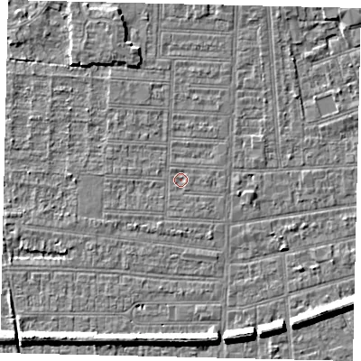 Shaded relief map of the ground around HU52HG, computed from Environment Agency LiDAR. The ground here sits at about 2 m above sea level and falls 7 m across the surrounding 800 m. Surface water reaching this point runs off ground lying to the south-south-west, 0.8 m higher.