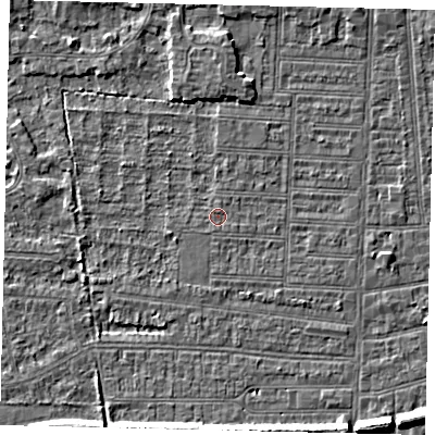 Shaded relief map of the ground around HU52HP, computed from Environment Agency LiDAR. The ground here sits at about 2 m above sea level and falls 7 m across the surrounding 800 m. Surface water reaching this point runs off ground lying to the north, 2.1 m higher.