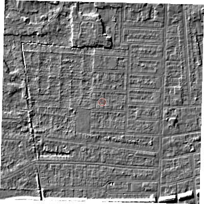 Shaded relief map of the ground around HU52HR, computed from Environment Agency LiDAR. The ground here sits at about 2 m above sea level and falls 7 m across the surrounding 800 m. Surface water reaching this point runs off ground lying to the north, 2.1 m higher.