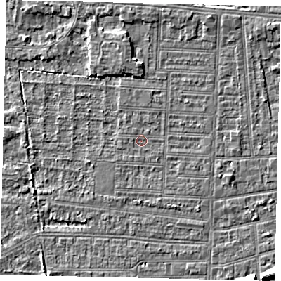 Shaded relief map of the ground around HU52JA, computed from Environment Agency LiDAR. The ground here sits at about 2 m above sea level and falls 6 m across the surrounding 800 m. Surface water reaching this point runs off ground lying to the north, 2.1 m higher.