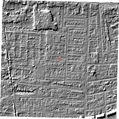 Shaded relief map of the ground around HU52JB, computed from Environment Agency LiDAR. The ground here sits at about 2 m above sea level and falls 7 m across the surrounding 800 m. Surface water reaching this point runs off ground lying to the north-north-west, 2.1 m higher.