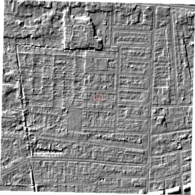 Shaded relief map of the ground around HU52JD, computed from Environment Agency LiDAR. The ground here sits at about 2 m above sea level and falls 7 m across the surrounding 800 m. Surface water reaching this point runs off ground lying to the north, 2.1 m higher.