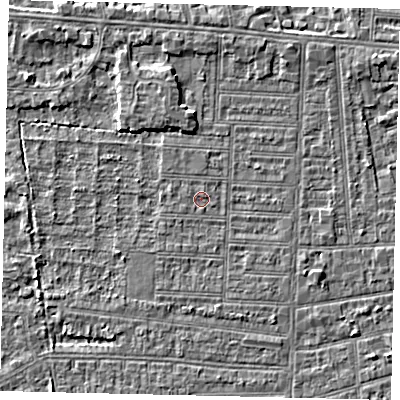 Shaded relief map of the ground around HU52JH, computed from Environment Agency LiDAR. The ground here sits at about 2 m above sea level and falls 3 m across the surrounding 800 m. The ground contributing surface water to this point lies to the south-south-east.