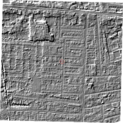 Shaded relief map of the ground around HU52JP, computed from Environment Agency LiDAR. The ground here sits at about 2 m above sea level and falls 5 m across the surrounding 800 m. Surface water reaching this point runs off ground lying to the north-north-west, 2.1 m higher.