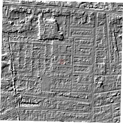 Shaded relief map of the ground around HU52JQ, computed from Environment Agency LiDAR. The ground here sits at about 2 m above sea level and falls 3 m across the surrounding 800 m. The ground contributing surface water to this point lies to the north-north-west.