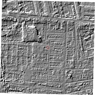 Shaded relief map of the ground around HU52LD, computed from Environment Agency LiDAR. The ground here sits at about 2 m above sea level and falls 3 m across the surrounding 800 m. Surface water reaching this point runs off ground lying to the north-west, 1.5 m higher.