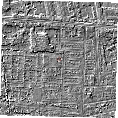Shaded relief map of the ground around HU52LH, computed from Environment Agency LiDAR. The ground here sits at about 2 m above sea level and falls 3 m across the surrounding 800 m. The ground contributing surface water to this point lies to the west-north-west.