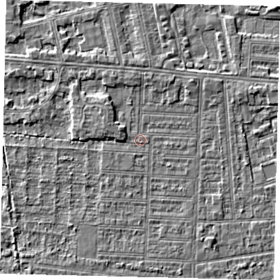 Shaded relief map of the ground around HU52LR, computed from Environment Agency LiDAR. The ground here sits at about 2 m above sea level and falls 3 m across the surrounding 800 m. Surface water reaching this point runs off ground lying to the west, 1.5 m higher.