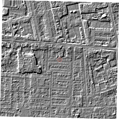 Shaded relief map of the ground around HU52LT, computed from Environment Agency LiDAR. The ground here sits at about 2 m above sea level and falls 3 m across the surrounding 800 m. Surface water reaching this point runs off ground lying to the west, 2.4 m higher.