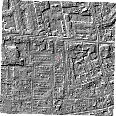 Shaded relief map of the ground around HU52NB, computed from Environment Agency LiDAR. The ground here sits at about 2 m above sea level and falls 2 m across the surrounding 800 m. The ground contributing surface water to this point lies to the north-north-east.