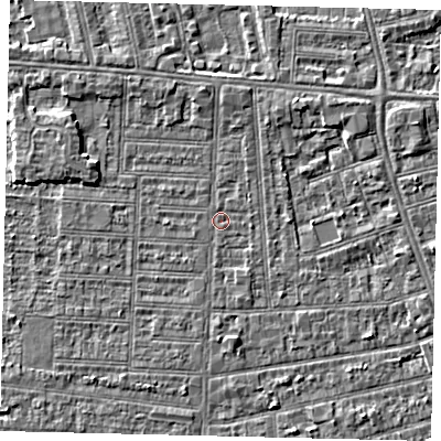 Shaded relief map of the ground around HU52ND, computed from Environment Agency LiDAR. The ground here sits at about 2 m above sea level and falls 2 m across the surrounding 800 m. Surface water reaching this point runs off ground lying to the north-north-east, 2.4 m higher.
