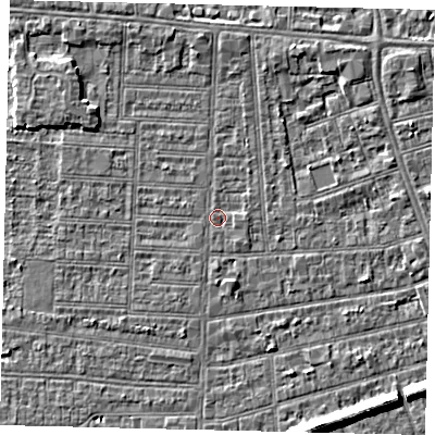 Shaded relief map of the ground around HU52NE, computed from Environment Agency LiDAR. The ground here sits at about 2 m above sea level and falls 6 m across the surrounding 800 m. Surface water reaching this point runs off ground lying to the north-north-east, 2.3 m higher.