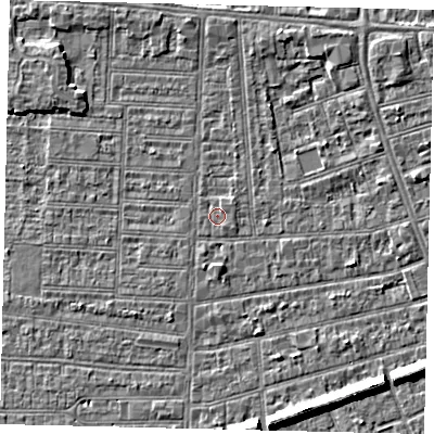 Shaded relief map of the ground around HU52NJ, computed from Environment Agency LiDAR. The ground here sits at about 2 m above sea level and falls 6 m across the surrounding 800 m. Surface water reaching this point runs off ground lying to the north-north-east, 2.3 m higher.