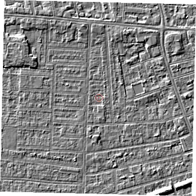 Shaded relief map of the ground around HU52NL, computed from Environment Agency LiDAR. The ground here sits at about 2 m above sea level and falls 6 m across the surrounding 800 m. Surface water reaching this point runs off ground lying to the north-north-east, 2.4 m higher.