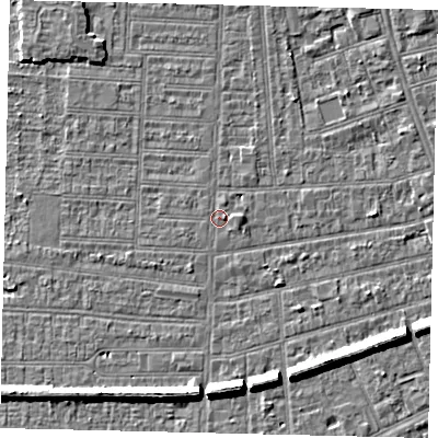 Shaded relief map of the ground around HU52NN, computed from Environment Agency LiDAR. The ground here sits at about 2 m above sea level and falls 7 m across the surrounding 800 m. Surface water reaching this point runs off ground lying to the east, 1.1 m higher.