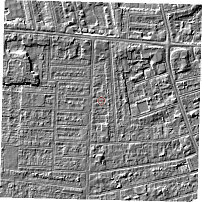 Shaded relief map of the ground around HU52NQ, computed from Environment Agency LiDAR. The ground here sits at about 2 m above sea level and falls 6 m across the surrounding 800 m. Surface water reaching this point runs off ground lying to the north-north-east, 2.4 m higher.