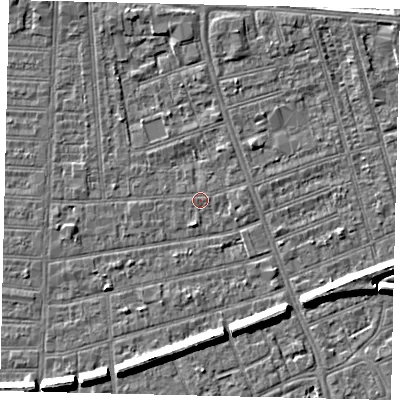 Shaded relief map of the ground around HU52NS, computed from Environment Agency LiDAR. The ground here sits at about 2 m above sea level and falls 6 m across the surrounding 800 m. Surface water reaching this point runs off ground lying to the south, 1.2 m higher.