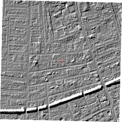 Shaded relief map of the ground around HU52NY, computed from Environment Agency LiDAR. The ground here sits at about 2 m above sea level and falls 6 m across the surrounding 800 m. The ground contributing surface water to this point lies to the north-north-west.