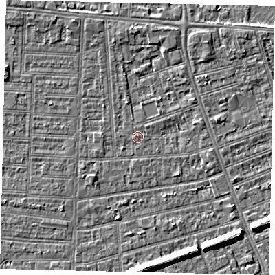Shaded relief map of the ground around HU52PE, computed from Environment Agency LiDAR. The ground here sits at about 2 m above sea level and falls 6 m across the surrounding 800 m. Surface water reaching this point runs off ground lying to the north, 2.3 m higher.
