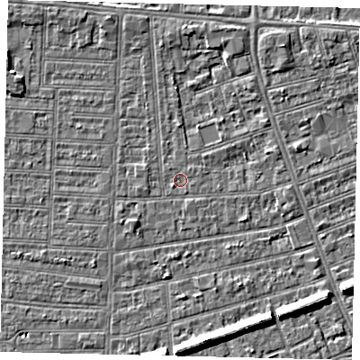 Shaded relief map of the ground around HU52PF, computed from Environment Agency LiDAR. The ground here sits at about 2 m above sea level and falls 6 m across the surrounding 800 m. Surface water reaching this point runs off ground lying to the north, 2.3 m higher.