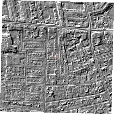 Shaded relief map of the ground around HU52PJ, computed from Environment Agency LiDAR. The ground here sits at about 2 m above sea level and falls 2 m across the surrounding 800 m. Surface water reaching this point runs off ground lying to the north-north-east, 1.8 m higher.
