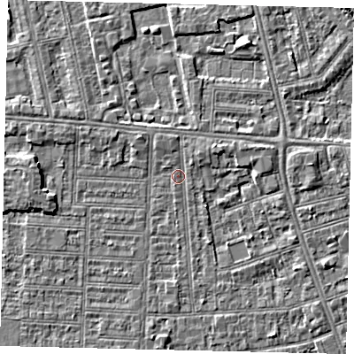 Shaded relief map of the ground around HU52PL, computed from Environment Agency LiDAR. The ground here sits at about 2 m above sea level and falls 4 m across the surrounding 800 m. Surface water reaching this point runs off ground lying to the north-east, 1.7 m higher.