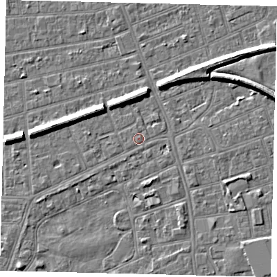 Shaded relief map of the ground around HU52PY, computed from Environment Agency LiDAR. The ground here sits at about 2 m above sea level and falls 7 m across the surrounding 800 m. Surface water reaching this point runs off ground lying to the west, 5.9 m higher.