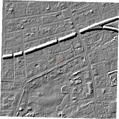 Shaded relief map of the ground around HU52QG, computed from Environment Agency LiDAR. The ground here sits at about 2 m above sea level and falls 7 m across the surrounding 800 m. Surface water reaching this point runs off ground lying to the west-north-west, 5.9 m higher.
