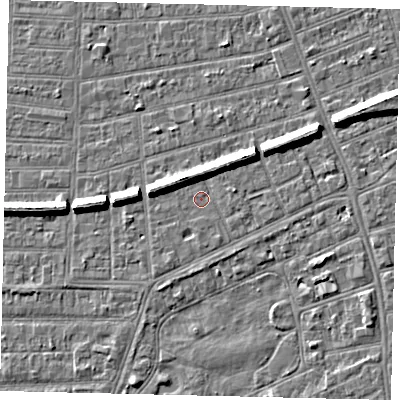 Shaded relief map of the ground around HU52QH, computed from Environment Agency LiDAR. The ground here sits at about 2 m above sea level and falls 7 m across the surrounding 800 m. Surface water reaching this point runs off ground lying to the south, 0.6 m higher.