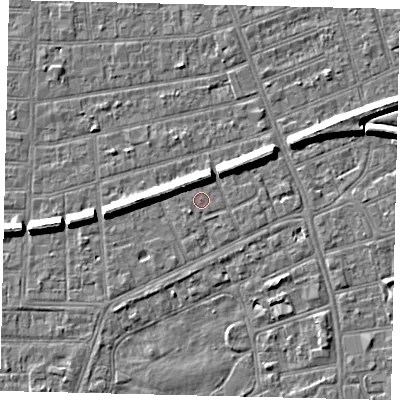 Shaded relief map of the ground around HU52QL, computed from Environment Agency LiDAR. The ground here sits at about 2 m above sea level and falls 7 m across the surrounding 800 m. Surface water reaching this point runs off ground lying to the north, 5.5 m higher.